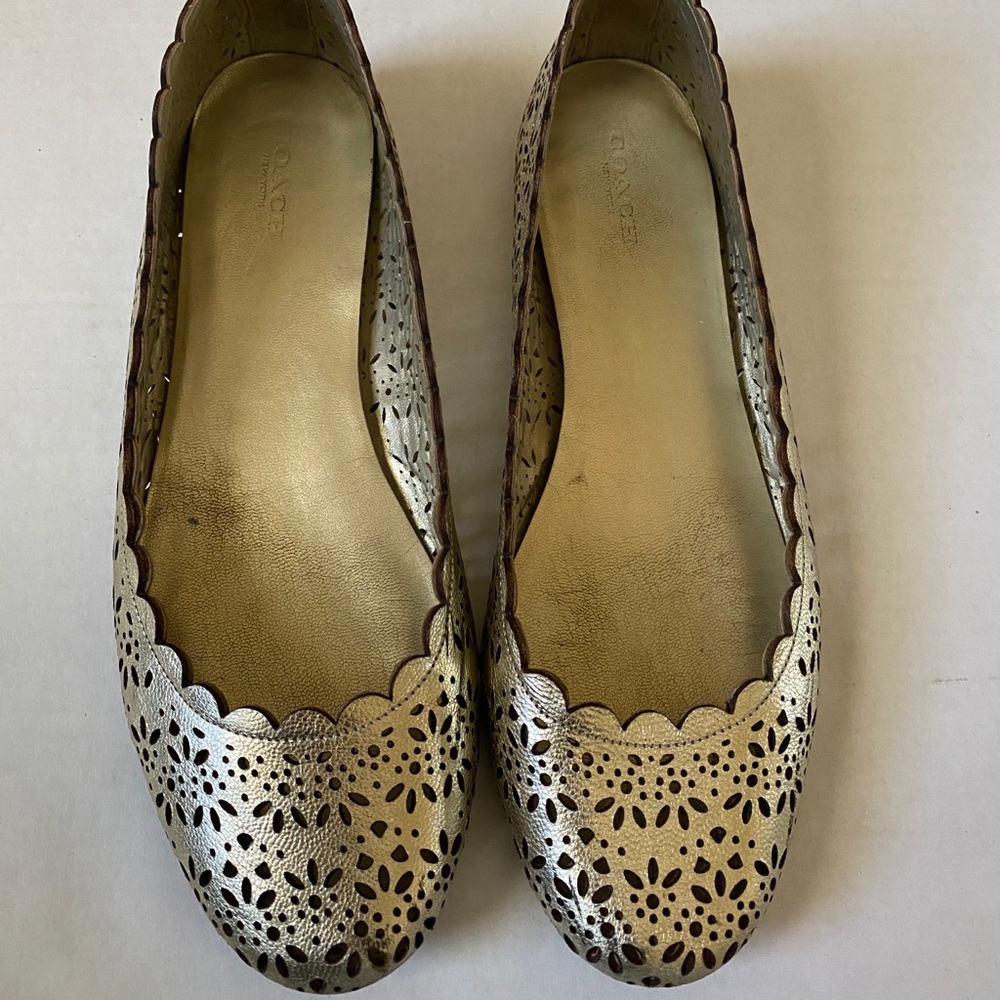 Coach Gold and Brown Floral Cutout Flats